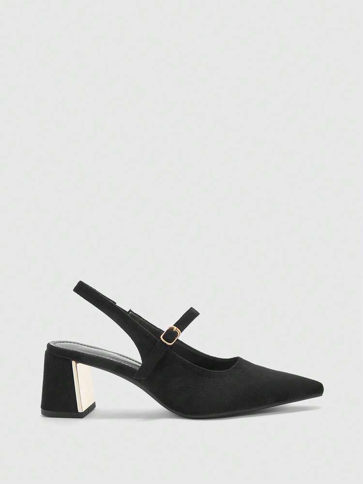 CUCCOO BIZCHIC Women Shoes Women's Pointed Toe Thick Medium Heel Black Suede Back Strap Slingback Women's High Heel Shoes Stylish And Comfortable Commuters Business Versatile Women's Slingback Shoes Spring Shoes
