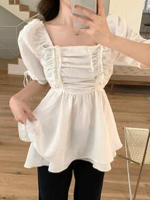 FRIFUL Women's Square Neck Pleated Ruffle Petal Sleeve Hem Patchwork Loose Casual Vacation Blouse - White - View 7