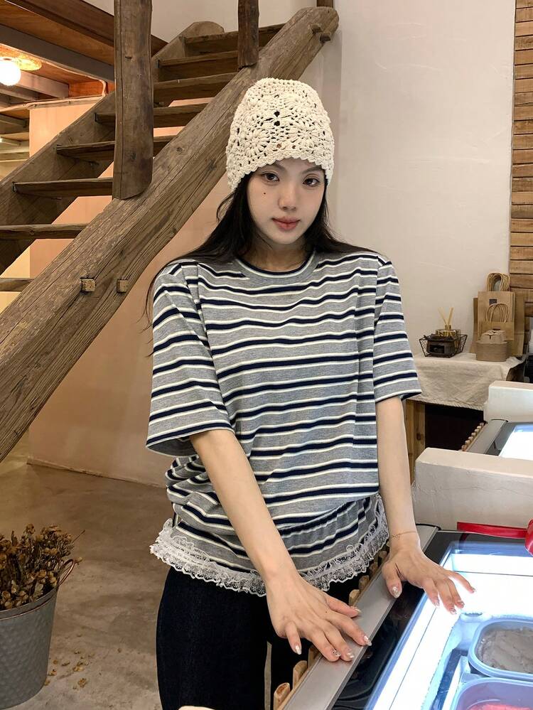 Women's Round Neck Striped Korean Style Ruffle Trim T-Shirt Summer