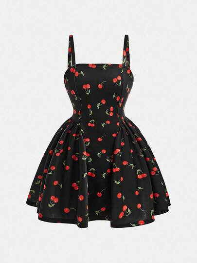 Girlism Tween Girl Cherry Print Cute Vacation Style Mini Dress, Suitable For Vacation, Picnic Cherry Dress Cherry Outfit Women Womens Fashion Fruit Dress