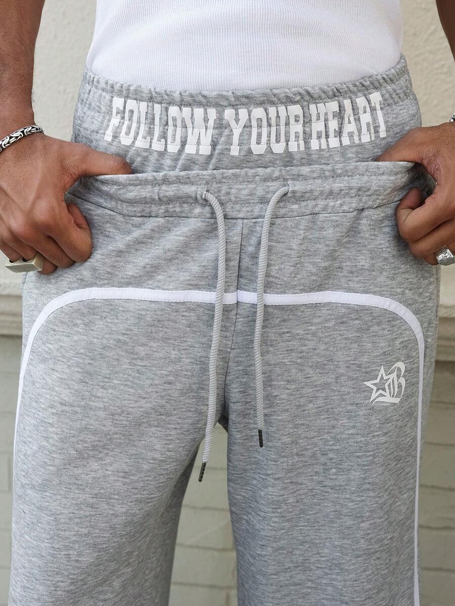 PAVTROS 年轻街头风双腰带设计哥特字母印花灰色男士运动裤 - 灰色 - 查看 1