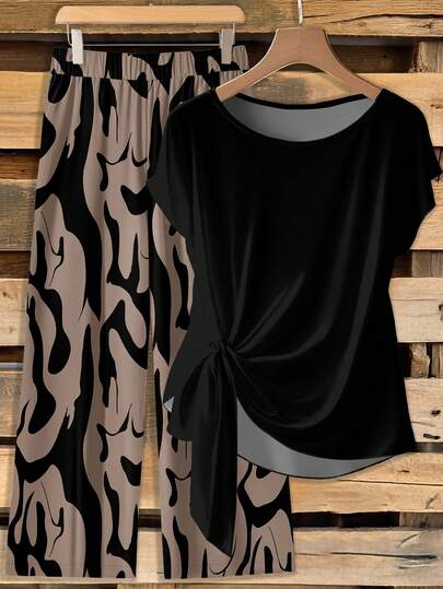 EMERY ROSE Conjunto casual de 2 piezas: Blusa de cuello redondo con lazo y pantalones rectos sueltos