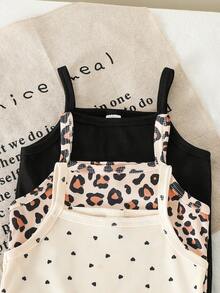 SHEIN Baby Girl 3pcs Leopard Print And Allover Heart Print And Solid Black Cami Jumpsuit - Multicolor - View 6