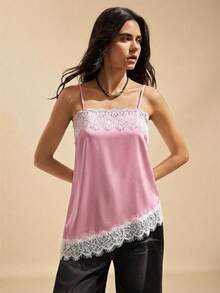 Easelle Áo hai dây nữ kiểu vintage phối màu tương phản, vạt áo bất đối xứng, chất liệu ren, thích hợp cho các bữa tiệc mùa hè và ngày Valentine. - Hồng - Xem 6