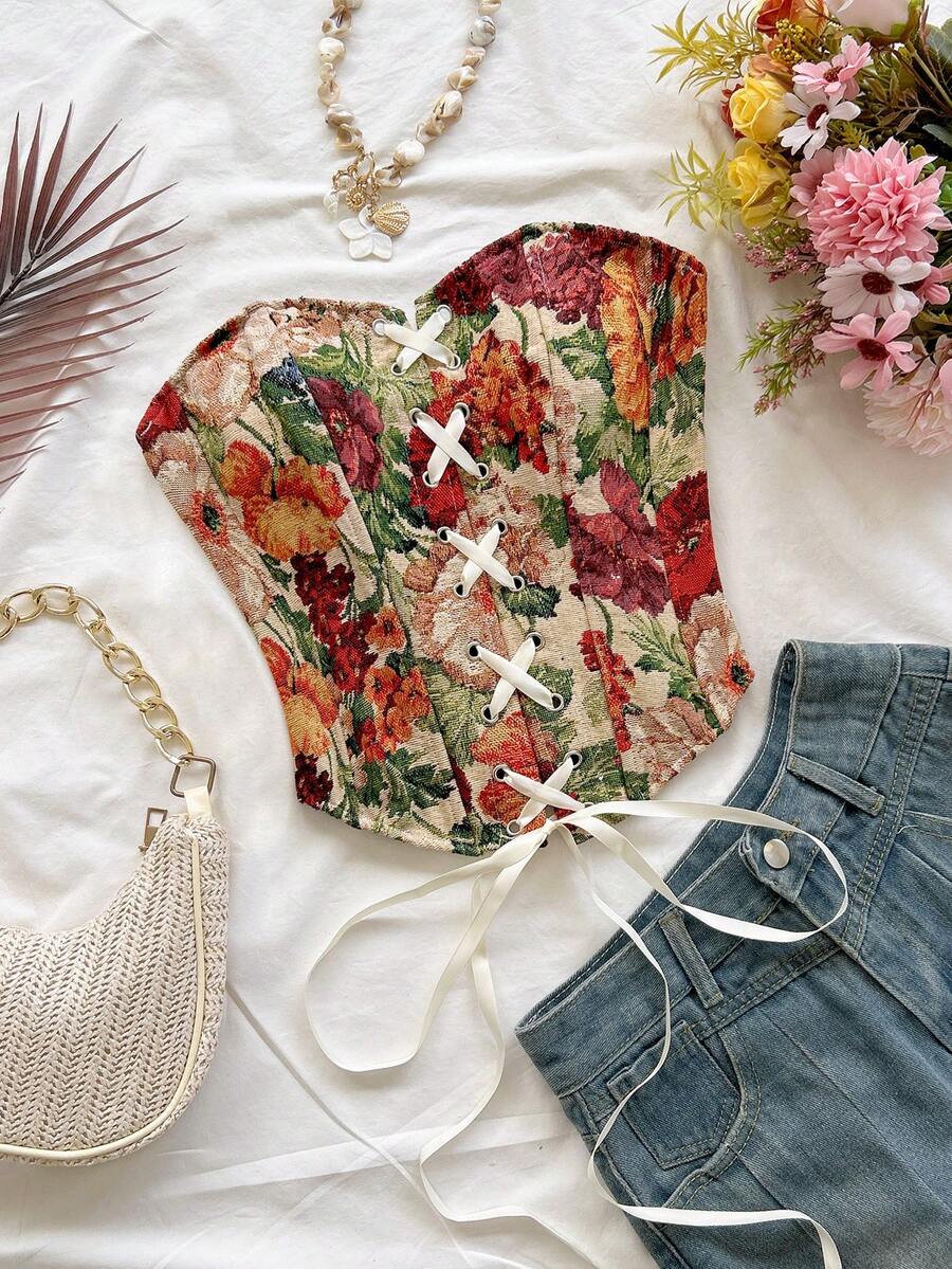 Soleia Floral Print Lace-Up Fishbone Bodycon Top - Apricot - View 1