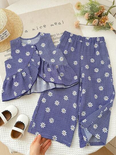 LMoss Kids 2 piezas Conjunto de top sin mangas y pantalones con estampado floral y a cuadros para niña