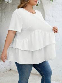 SHEIN CURVE+ Curve 尺码 US22 音乐节、海滨度假、波西米亚风 CURVE PLUS / / 女士白色拼接娃娃衬衫 T 恤 - 白色 - 查看 6