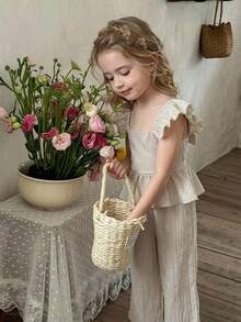 LMoss Kids 2pcs Young Girl Set: Woven Collared Ruffle Trim Blouse And Woven Loose Fit Pants - Apricot - View 7