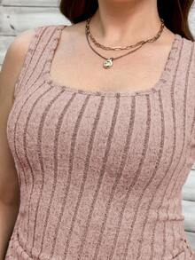 SHEIN LUNE Plus Size Women's Dusty Pink Square Neck Ribbed Fitted Tank Top,Summer Casual Vacation Ribbed Knit Top Sweater Tank,Elegant Latest Knitted Tops - Dusty Pink - View 6