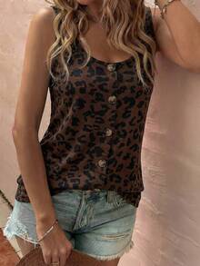 Selamara New Fashion Women Floral Leopard Print Round Neck Button Tank Top - Multicolor - View 4