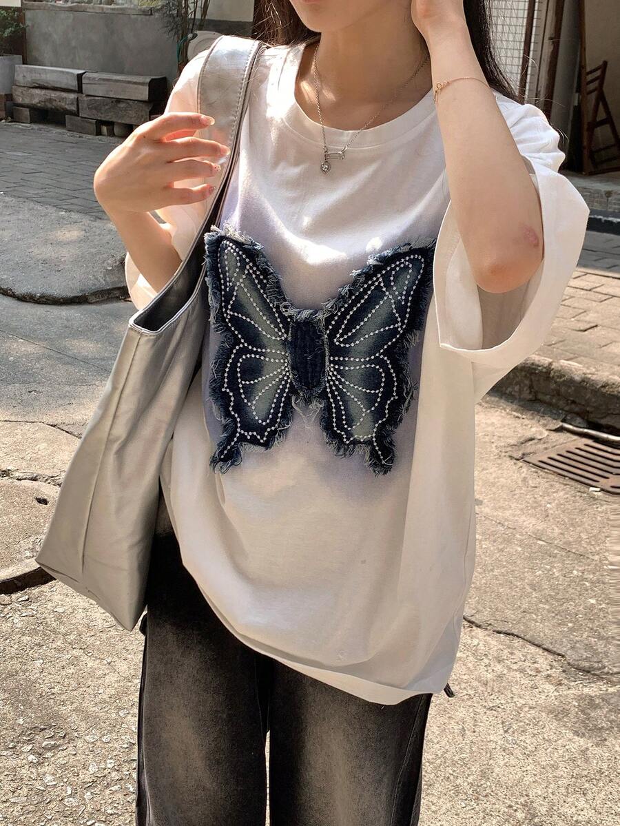 DAZY 女士夏季美式风格毛边蝴蝶贴片宽松休闲独特设计T恤 - 白色 - 查看 1