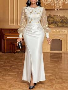 SHEIN Lady 女士复古优雅圆领灯笼袖长连衣裙 - 彩色 - 查看 7