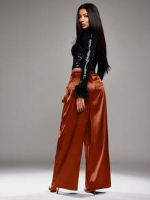 NYA SZN Pant High Rise Cargo Pocket Wide Leg Flowy Loose Winter Satin Brown Business Casual Event Special Occasion Luxury Outfits For Women - Rust Brown - View 2