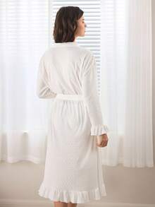 Ocili 100%纯棉舒适弹力提花针织条纹华夫格纹睡袍，配系带腰带，女士家居服 - 白色 - 查看 3