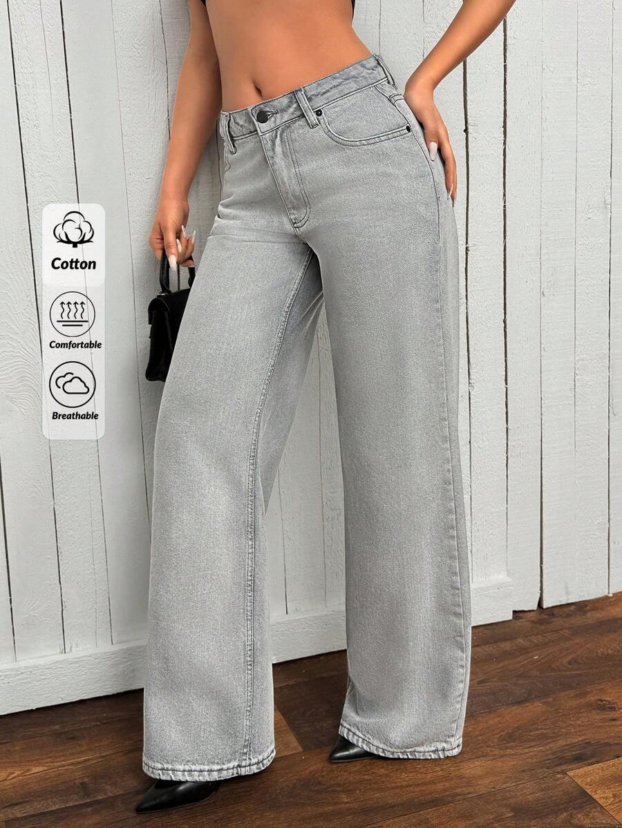 EURMUSE 休闲水洗复古做旧直筒牛仔裤 - 灰色 - 查看 1