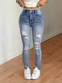SHEIN Tall Spring To Summer Women's Jeans Casual Skinny High Stretch Jeans Blue Jeans Tall Women's Jeans Women Tights Women Jeans Pants Denim Pants Fall Clothes - Blue - View 7