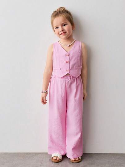 Maija Kids Young Girl Solid Color Single-Breasted Vest Top And Wide-Leg Pants Casual Outfit