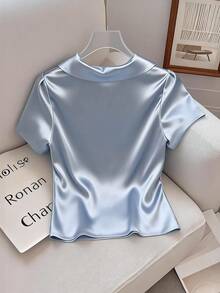 Franclia 2026春夏新款时尚Polo领常规肩短袖T恤，女士款，独特优雅休闲时尚上衣，法式时尚商务装 - 藍色 - 查看 2