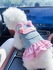 PETSIN 1件猫/狗通用服装，立体毛绒耳朵草莓吊带裙，春季时尚宠物服装 - 粉色 - 查看 4