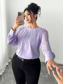 Elenzga Plus Size Women Casual Round Neck Lace Patchwork Long Sleeve Solid Color T-Shirt - Purple - View 1