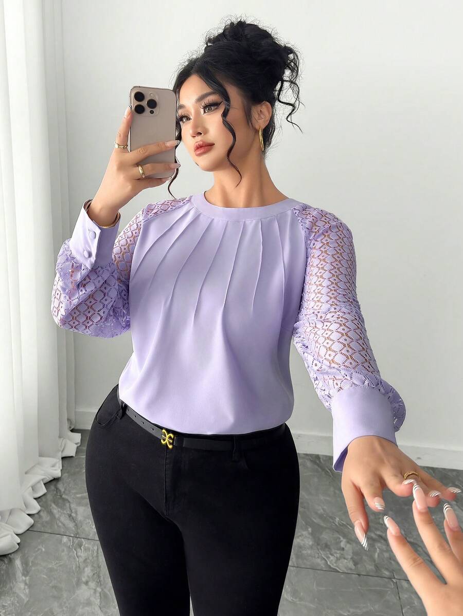 Elenzga Plus Size Women Casual Round Neck Lace Patchwork Long Sleeve Solid Color T-Shirt - Purple - View 1