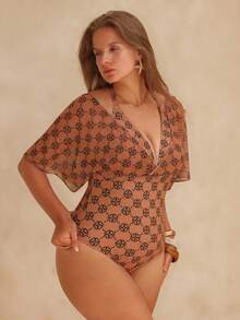Swim Chiccia Maillot de bain une pièce pour femmes grandes tailles avec manches courtes, design imprimé tropical - Marron - Voir 5