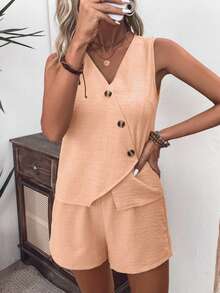 EMERY ROSE Bộ đồ 2 món dành cho nữ, kiểu dáng thường ngày, màu trơn, cài cúc phía trước, thích hợp cho kỳ nghỉ, gồm áo tank top và quần short. - Hồng - Xem 5