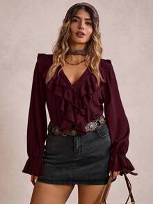 Freevana Blusa elegante de talla grande con volantes en unicolor - Rojo violeta - Ver 4