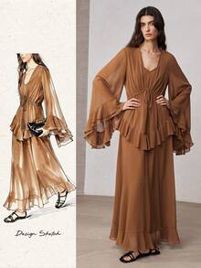 ZEYLAH Elegante vestido romántico con cuello en V, cintura fruncida y volantes en el bajo, para primavera/verano - Marrón - Ver 1