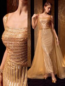 MOTF PREMIUM SEQUIN CONTRAST MESH COCKTAIL PARTY DRESS - Gold - View 1
