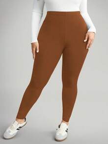 Comfylo Plus Size Women Casual Solid High Waist Leggings - Brown - View 6