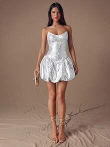 SHEIN BAE Đầm ôm sát thanh lịch màu vàng/champagne cổ chữ V sâu, xẻ eo, vạt phồng dành cho nữ mùa Thu/Đông, thích hợp cho những buổi hẹn hò lãng mạn, tiệc tùng, đi chơi tối, làm đầm phù dâu, đầm Giáng sinh, đầm kiểu nữ thần. - trắng - Xem 3