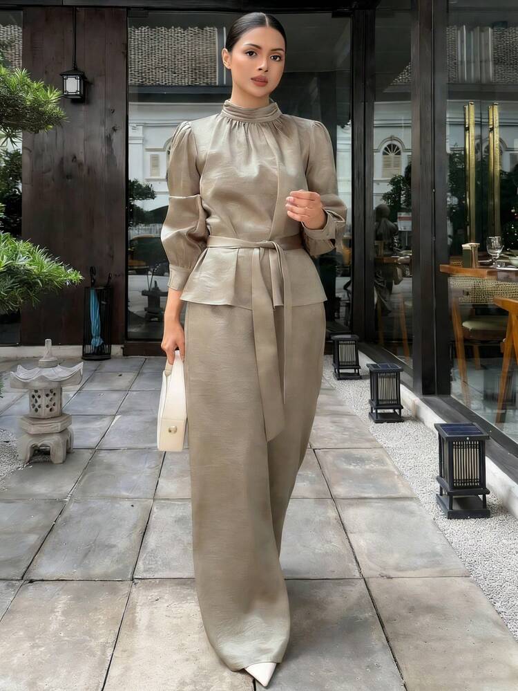 Women's Elegant Solid Color Collared Belted Shirt And Wide Leg Pants 2 Pieces Set, Spring/Summer