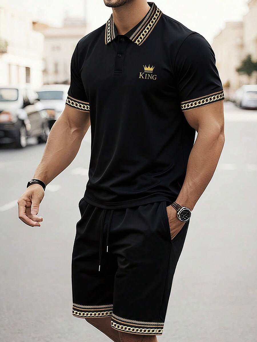 Manfinity Homme 男士撞色印花Polo衫套装,适合居家、外出和聚会穿着 - 黑色 - 查看 1