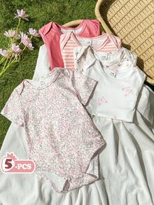 SHEIN Vintaside Kids 5件套女婴柔软舒适圆领纯色糖果连体衣，时尚休闲日常穿着，易于穿脱，短袖短裤款式，春夏款 - 彩色 - 查看 4