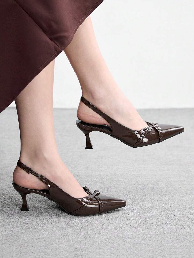 CUCCOO BIZCHIC Women's Fashion Pointed Toe PU Material Slip-On Kitten Heel Pumps, Suitable For Daily Commute, Work, Party