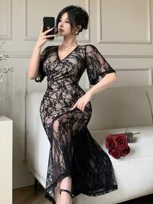 DAZY Abito in pizzo nero primaverile/estivo, elegante per San Valentino, matrimonio, festa, occasione formale, evento di moda, pendolarismo, maniche a sbuffo, vita stretta, orlo a sirena, abito midi a maniche lunghe in tulle trasparente per donna - nero - Visualizzare 2