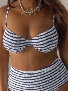 Striped High-Waisted Underwire Bikini Set With Swim Bag, Perfect For Vacations And The 4th Of July, For Summer Outfits And Beach Days - Navy Blue - View 7