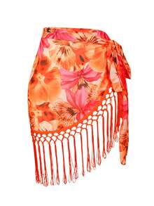 Swim Vcay 女士春夏新款网纱印花流苏裹身裙，度假罩衫 - 彩色 - 查看 2