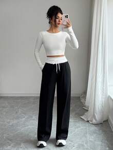 Elenzga Pantalones anchos casuales y cómodos para mujer, en bloque de color negro y blanco, con cordón en la cintura, pantalones de chándal sueltos y versátiles para ir al trabajo, ocio, vacaciones, que estilizan y alargan la figura con pantalones negros - Blanco y Negro - Ver 1