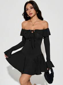 SHEIN PETITE Váy dài tay trễ vai màu đen trơn thanh lịch cho kỳ nghỉ hè trên bãi biển, thích hợp cho hẹn hò hàng ngày, đi chơi đêm, hộp đêm, tiệc tùng, tụ tập, tiệc cocktail, váy dự tiệc ngày lễ, tiệc hồ bơi - màu đen - Xem 6