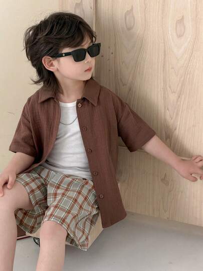 DAZY Conjunto de camisa de manga corta de unicolor y pantalones cortos a cuadros casual de verano para niño