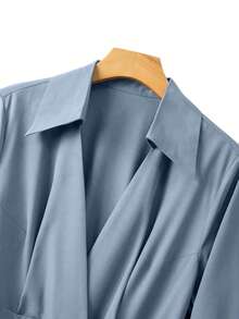 GlowEve CURVE Plus Size Women Casual Solid Color Lapel Lantern Sleeve Button Pleated Waist A-Line Dress Blue Elegant Dress Women - Dusty Blue - View 5