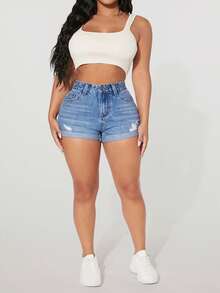 Rivivi Plus Size Summer Casual Washed Distressed Slim Fit Denim Shorts - Blue - View 4