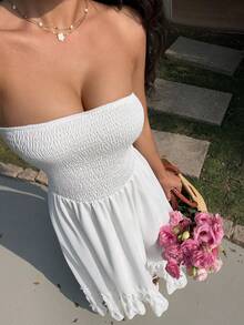Sunnyshic 女士白色长款连衣裙，抽绳腰身，A字裙摆，挂脖设计，优雅时尚，适合海滩、度假、约会、浪漫场合，荷叶边下摆，甜美少女风，春夏款。 - 白色 - 查看 1