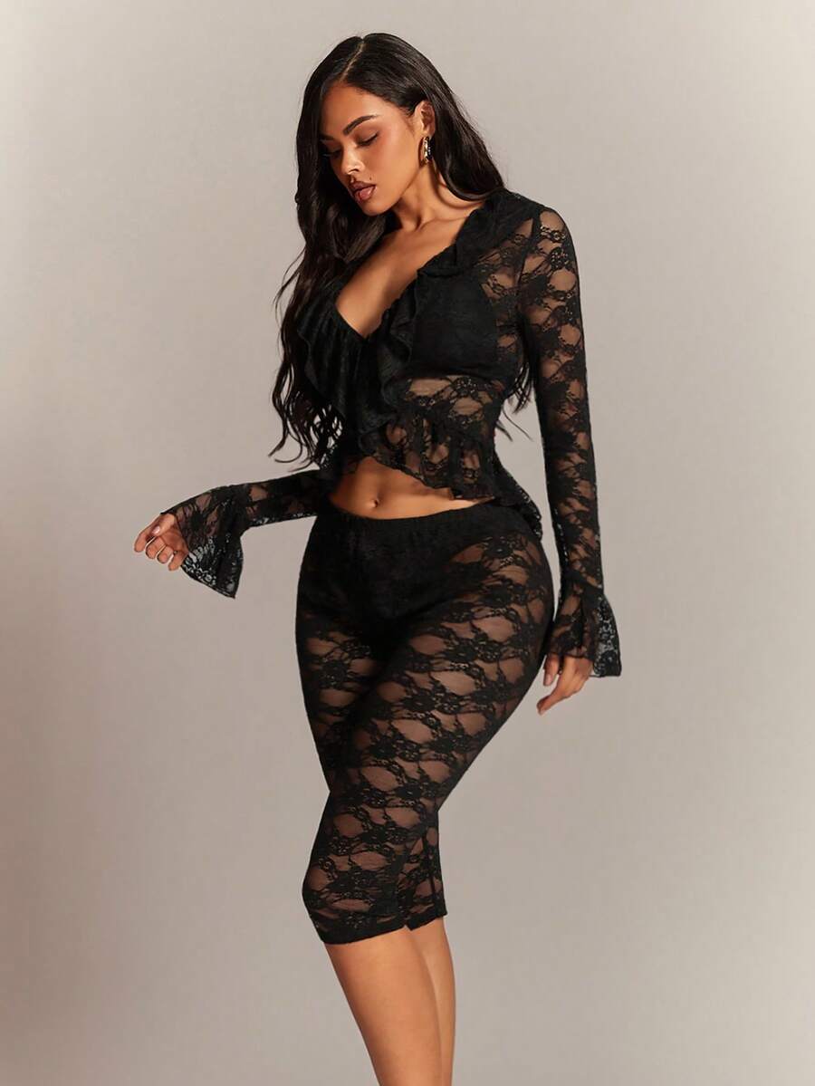 Radiana Women's Sexy Unique Black Sheer Lace 2-Piece Set, Lace Ruffle Button-Front Top And Low-Waist Lace Capri Pants, Suitable For Night, Date, Gathering, Party, Carnival, Club, Cocktail Party, Music Festival, Beach Holiday,Spring To Summer, - Black - View 1