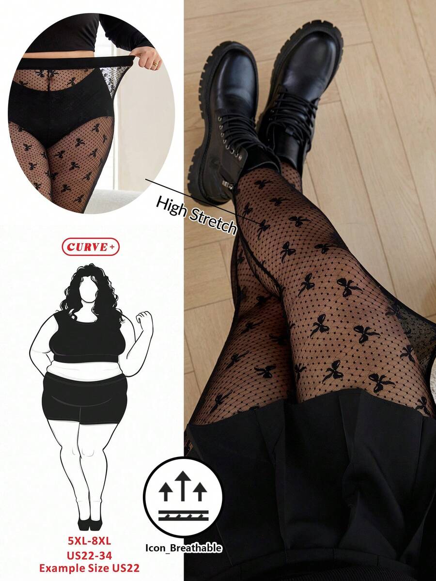 SHEIN CURVE+ Curve 尺码 US22 音乐节、海滨度假、波西米亚风女士透明网纱性感迷人黑色紧身裤和打底裤，情人节 - 黑色 - 查看 1