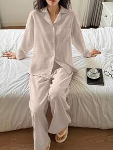 DAZY 2pcs Solid Color Loose Cardigan Long Sleeve Top And Straight Leg Long Pants Pajama Set, Spring Women - Khaki - View 4