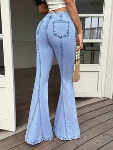 Sunnyshic Quần jean ống loe nữ, kiểu dáng thường ngày, chất liệu denim, có khóa kéo bên hông, thích hợp cho kỳ nghỉ. - Màu xanh lam - Xem 2