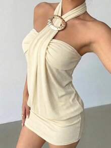 Aloruh 女士 Y2K 前卫性感紧身露背金属纽扣装饰亮片迷你超短连衣裙，杏色 - 杏色 - 查看 7